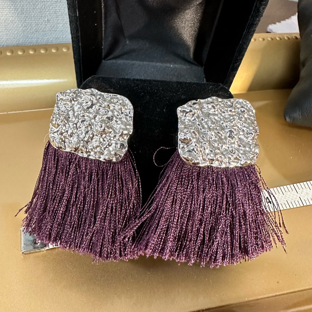 Abstract silvertone and purple fringe earrings